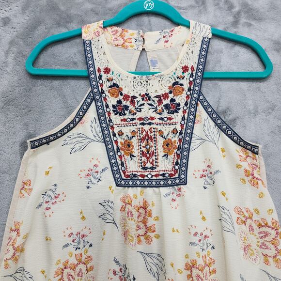 JOLT Top Womens S Cream Floral Crochet Embroidered Trim Sleeveless Halter Tank - Picture 2 of 12